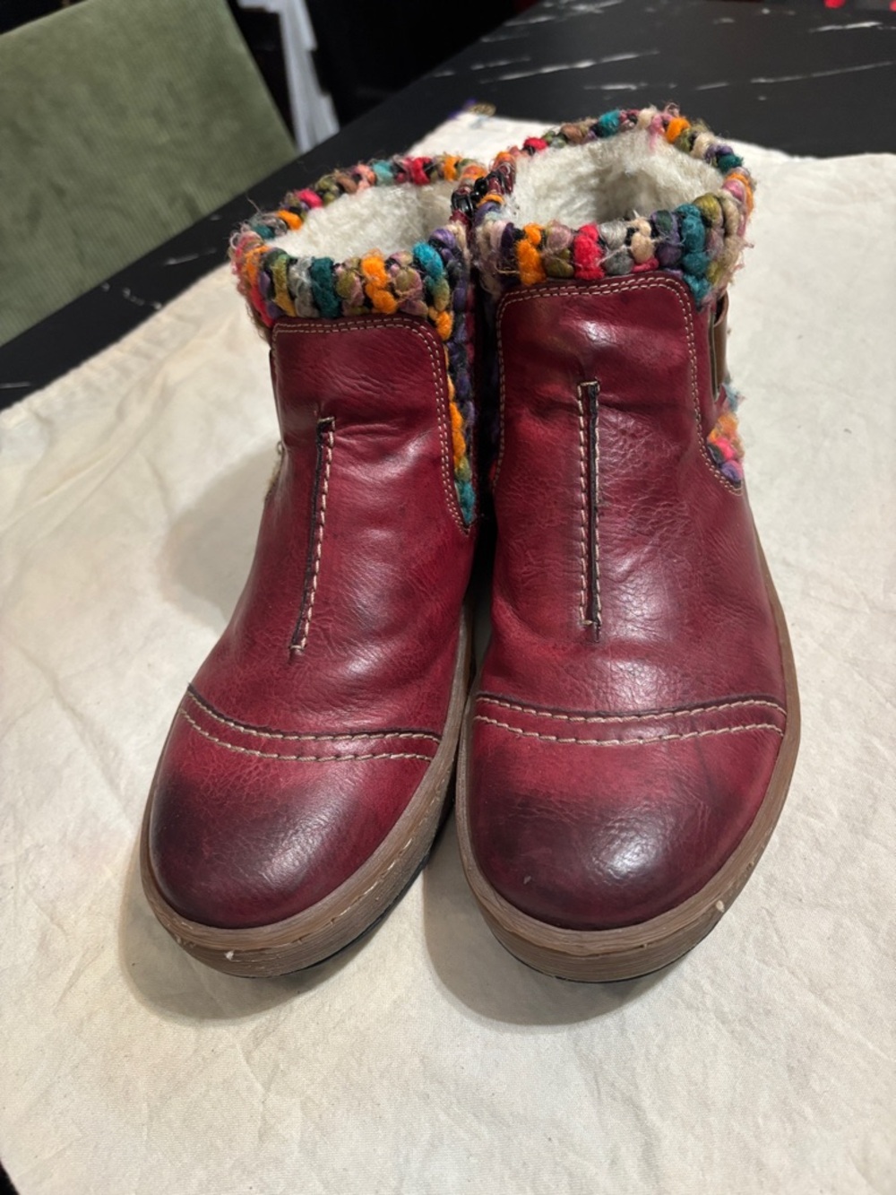Rieker Burgundy Leather Ankle Boots with Multicolor Knit Cuff